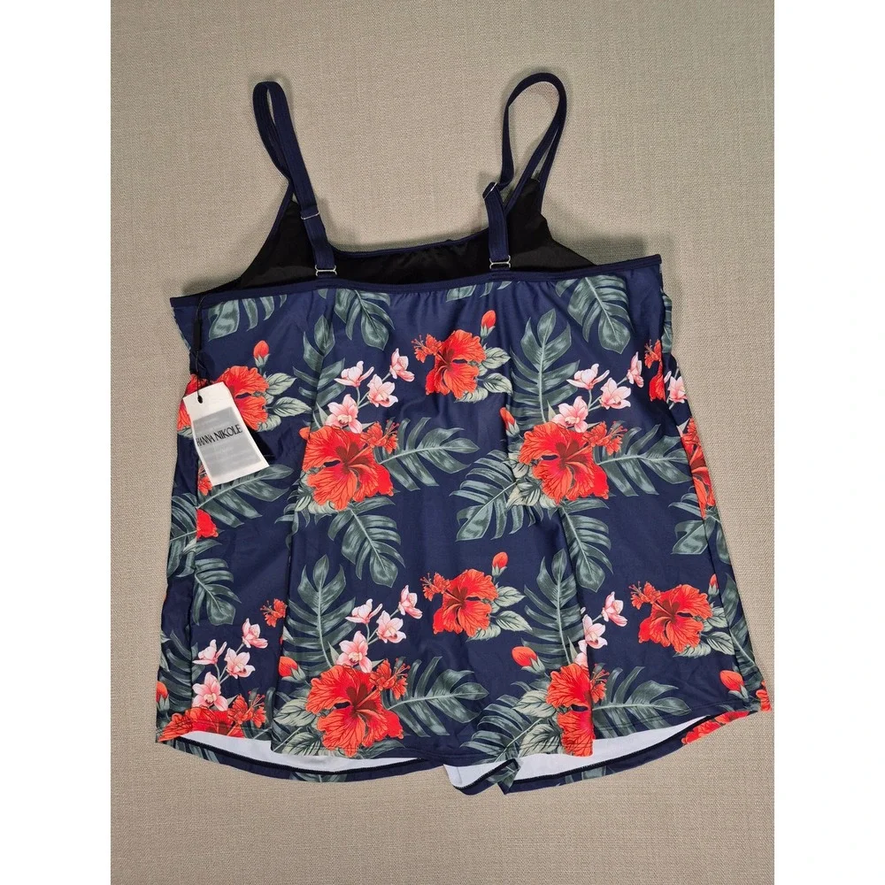 Hanna Nikole Women Navy Floral Hibiscus Tankini Swim Only Top 24W NWT